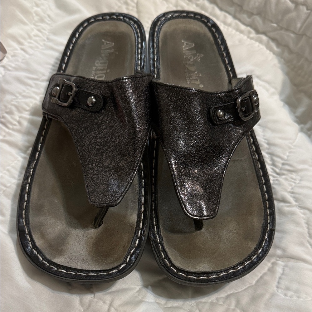 Alegria Black Metallic Thong Sandals with Buckle Accent